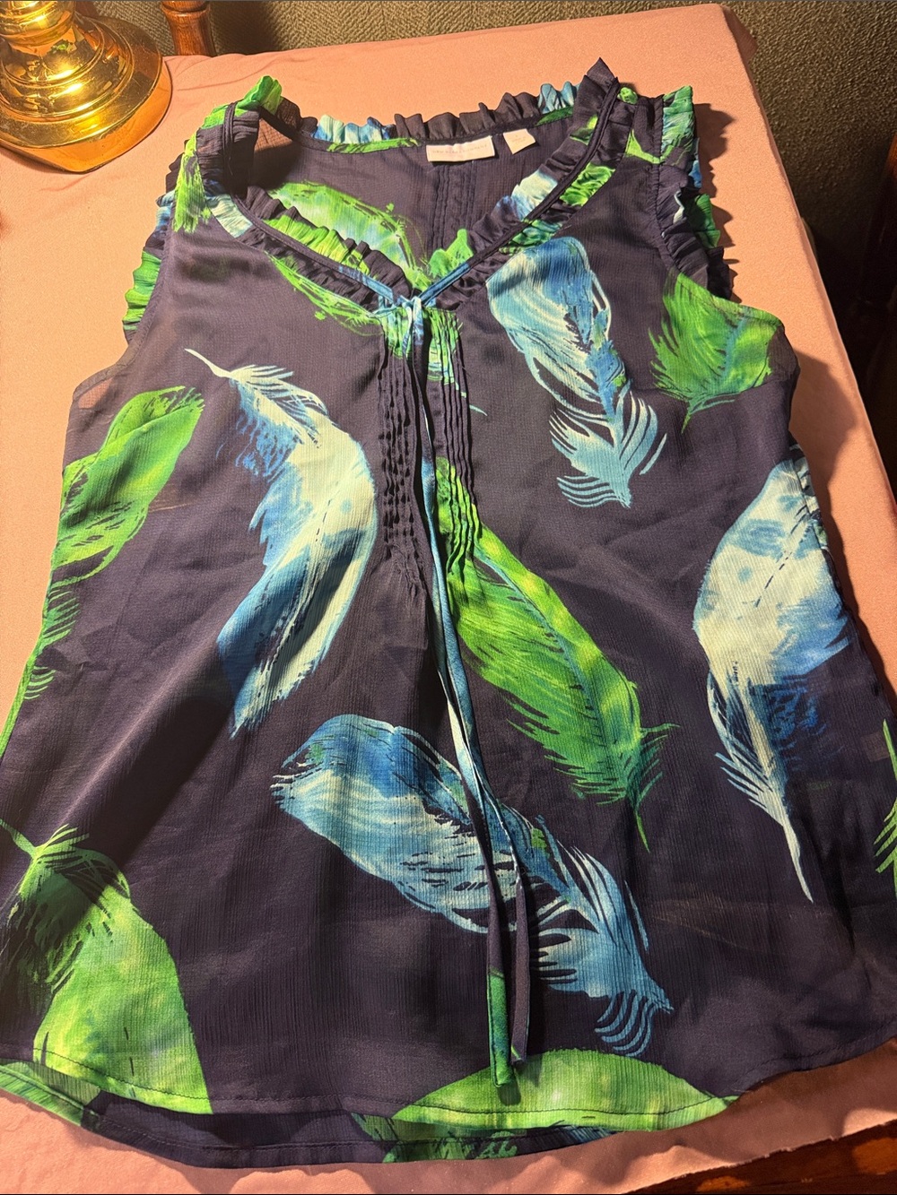New York & Company Navy Sleeveless Camisole with Blue & Green Feather Print